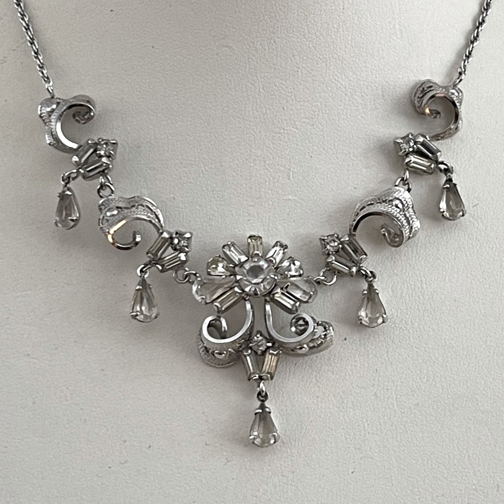1950s Titan Sterling signed filigree crystal vintage necklace - Picture 3 of 7